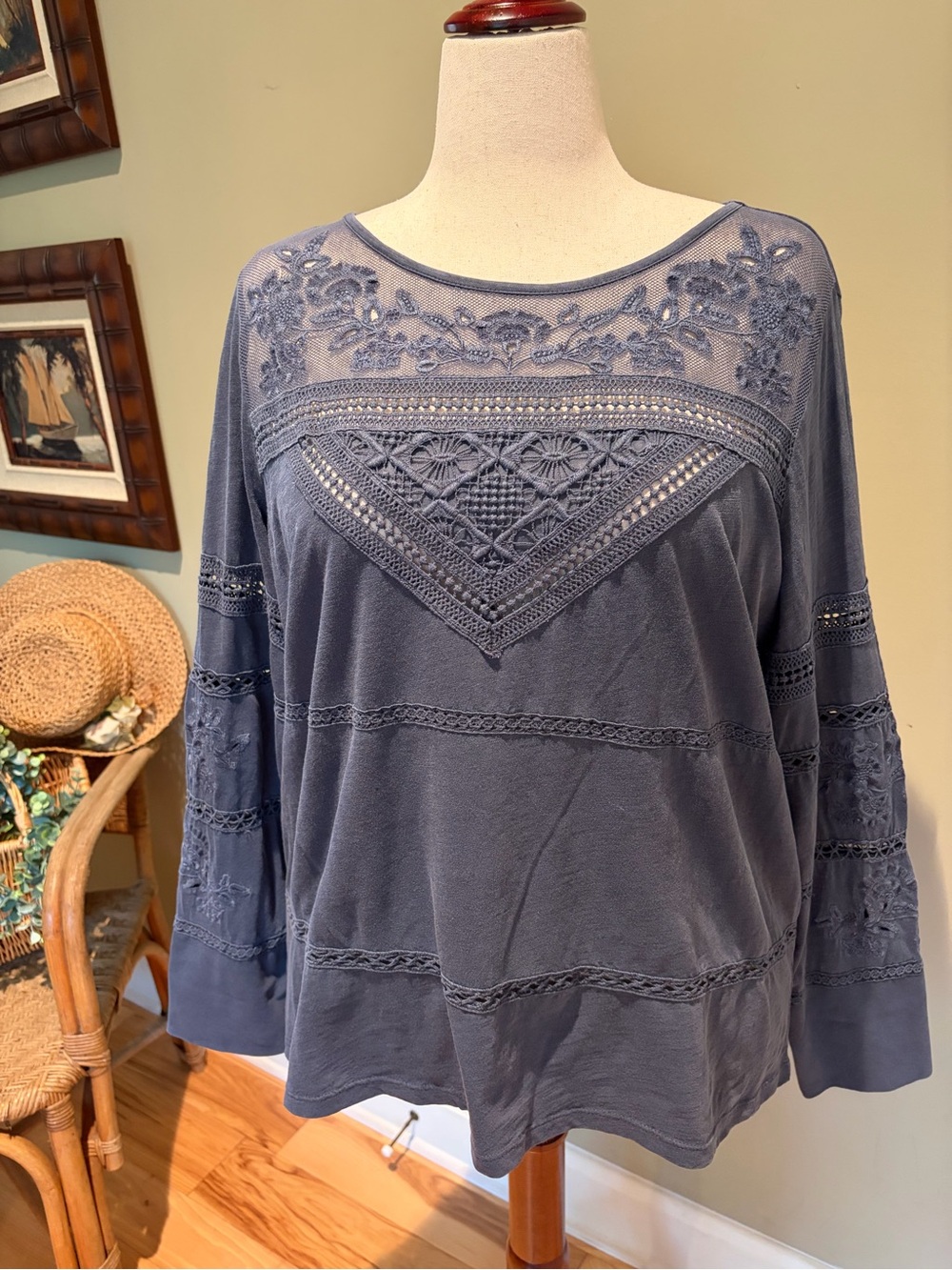 Sundance XXL Exquisitely Made Slate Blue Lace & Crochet Long Sleeve Cotton Top